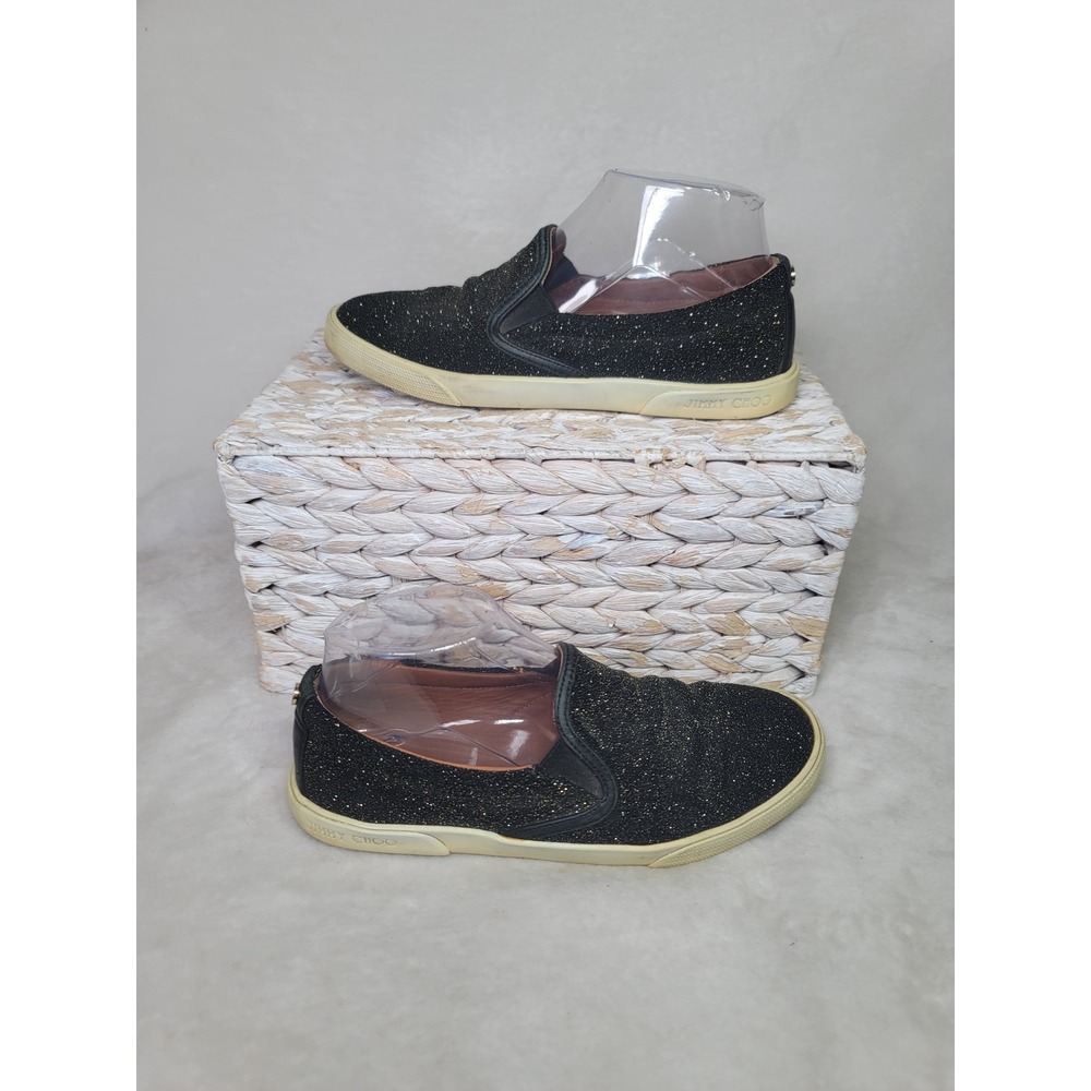 Jimmy Choo‎ Demi Black Glitter Slip On Sneakers Skater Shoes Spain 36 US 5.5 6